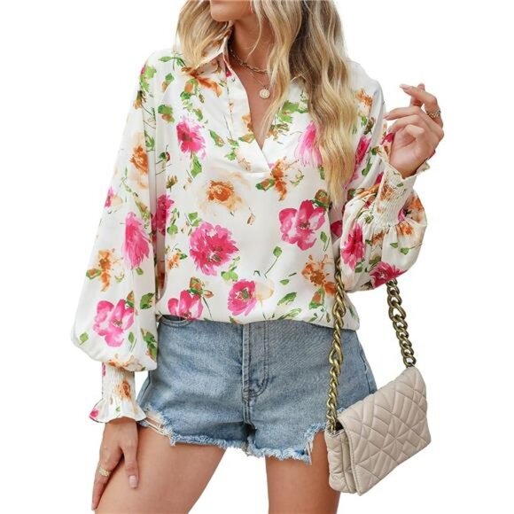White Boho Floral Print V Neck Long Lantern Sleeve Flowy Loose Top‎ Blouse Shirt - Picture 2 of 6